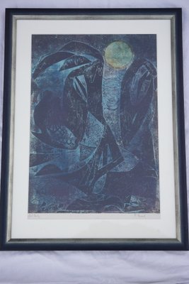 Frantisek Emler, Lovers in Moonlight, Oil on Paper, 1965, Framed-IND-1419573