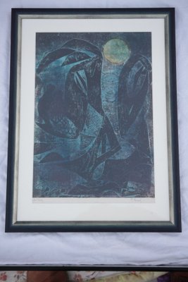 Frantisek Emler, Lovers in Moonlight, Oil on Paper, 1965, Framed-IND-1419573