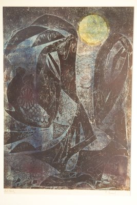 Frantisek Emler, Lovers in Moonlight, Oil on Paper, 1965, Framed-IND-1419573