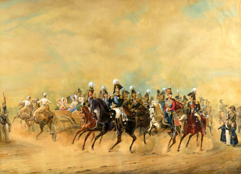 Franz Krueger, Emperor Nicholas I with Retinue After 1847 Parade, 19th Century, Watercolor