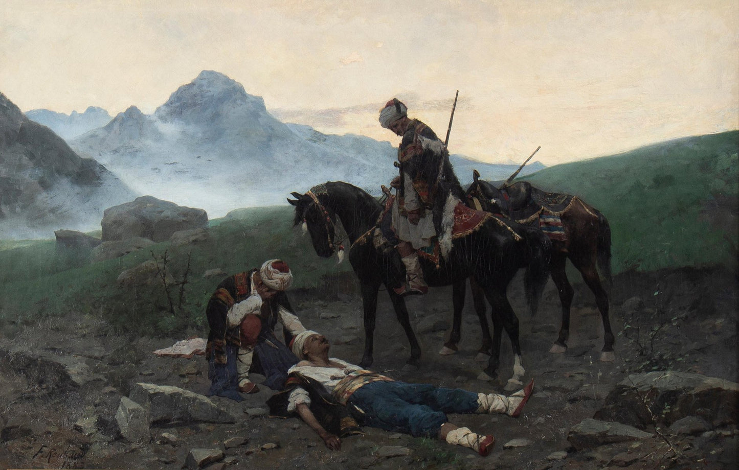 Franz Roubaud, Soldiers in Caucasus, 1883, Painting, Framed