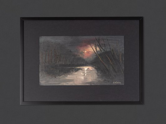 Fred Nömeier, Flusslandschaft Im Stimmungsvollen Licht Des Aufgehenden Mondes, Oil on Linen, Framed-GPP-1146807