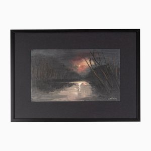 Fred Nömeier, Flusslandschaft Im Stimmungsvollen Licht Des Aufgehenden Mondes, Oil on Linen, Framed-GPP-1146807