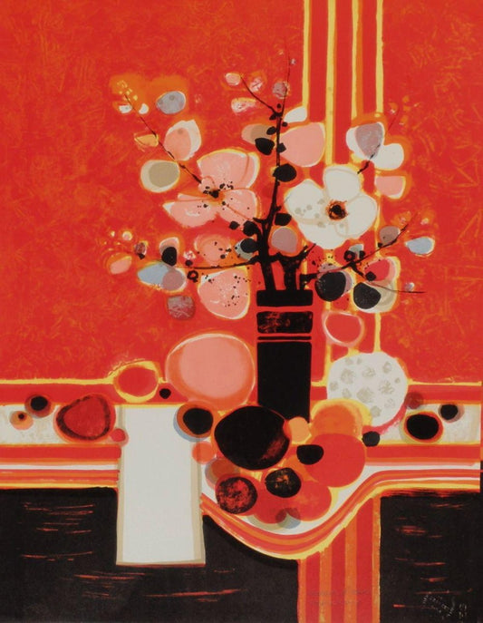 Frédéric Menguy, Bouquet Fond Rouge, 1973, Lithograph on Arches Paper