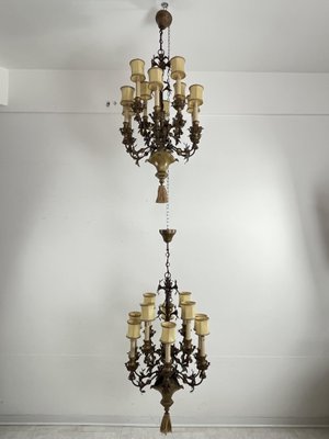 French 10-Light Chandeliers in Wrought Iron and Brass, 1980s, Set of 2-YST-2041859