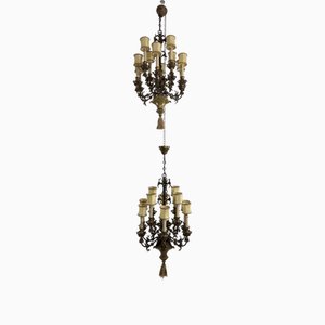 French 10-Light Chandeliers in Wrought Iron and Brass, 1980s, Set of 2-YST-2041859