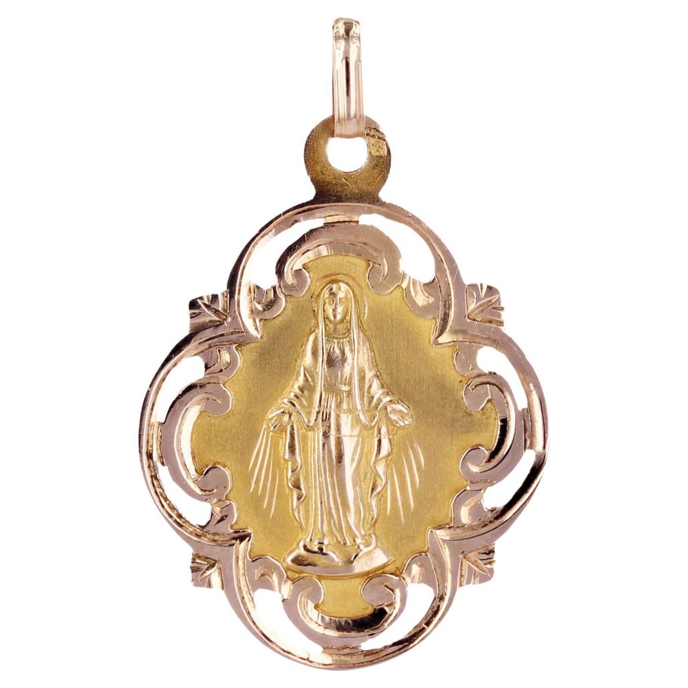 French 18 Karat Rose Gold Oval Polylobed Virgin Mary Miraculous Medal, 1890s