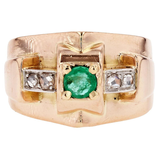 French 18 Karat Rose Gold Tank Ring with Emerald and Diamond, 1940s