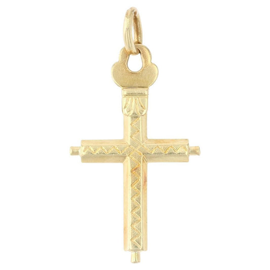 French 18 Karat Yellow Gold Chiseled Regional Cross Pendant, 1950s