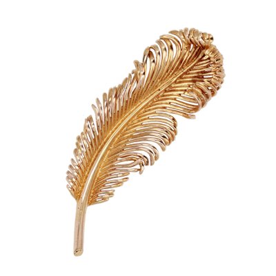 French 18 Karat Yellow Gold Feather Brooch, 1960s-OLU-1786049