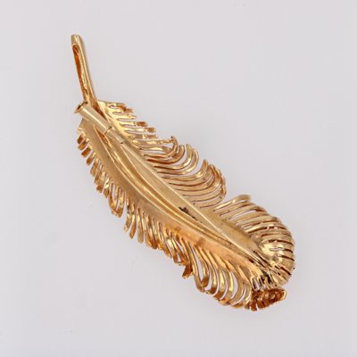 French 18 Karat Yellow Gold Feather Brooch, 1960s-OLU-1786049