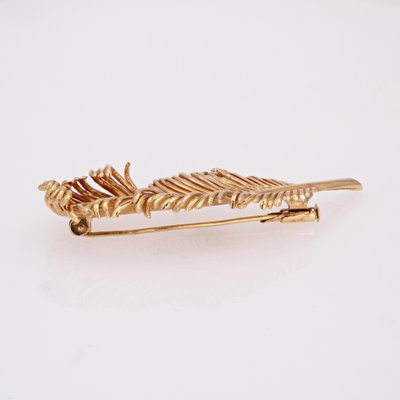 French 18 Karat Yellow Gold Feather Brooch, 1960s-OLU-1786049