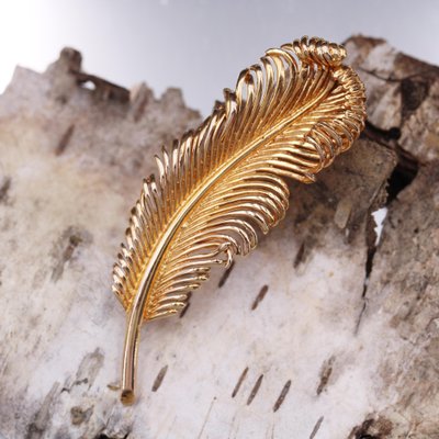 French 18 Karat Yellow Gold Feather Brooch, 1960s-OLU-1786049