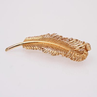 French 18 Karat Yellow Gold Feather Brooch, 1960s-OLU-1786049