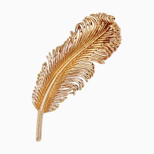 French 18 Karat Yellow Gold Feather Brooch, 1960s-OLU-1786049