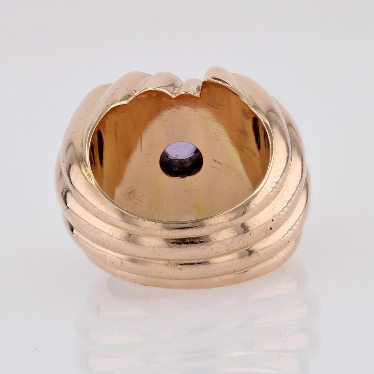 French 18 Karat Yellow Gold Gadrooned Tank Ring with Natural Purple Sapphire, 1950s