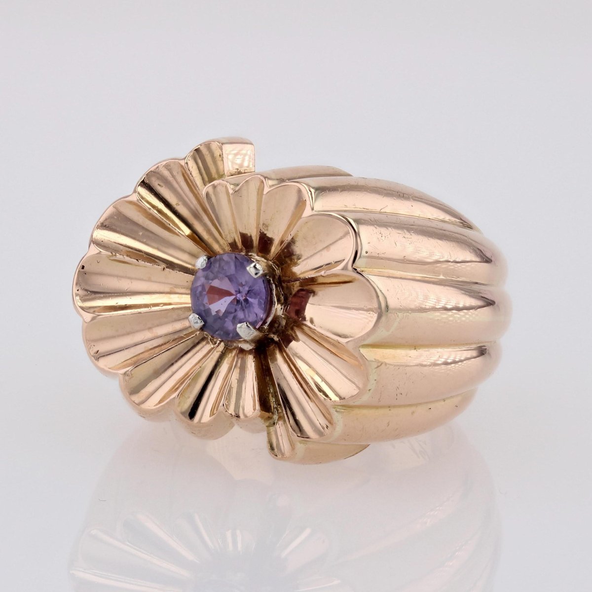 French 18 Karat Yellow Gold Gadrooned Tank Ring with Natural Purple Sapphire, 1950s