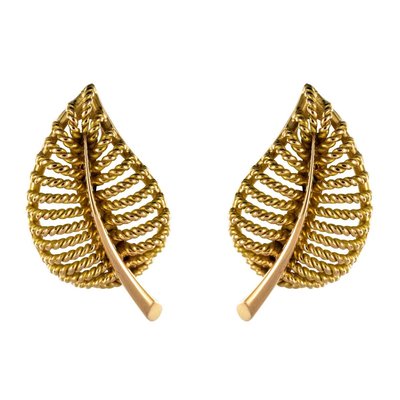 French 18 Karat Yellow Gold Leaf Shaped Clip Earrings, 1980s, Set of 2-OLU-896126