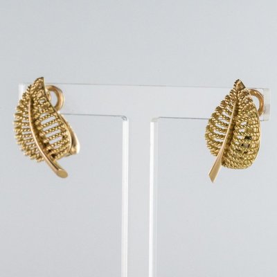 French 18 Karat Yellow Gold Leaf Shaped Clip Earrings, 1980s, Set of 2-OLU-896126