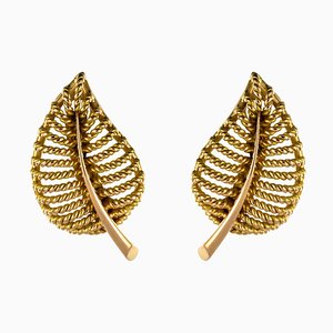 French 18 Karat Yellow Gold Leaf Shaped Clip Earrings, 1980s, Set of 2-OLU-896126