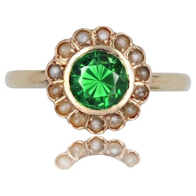 French 18 Karat Yellow Gold Ring with Tsavorite Green Garnet and Fine Pearl-OLU-1731251