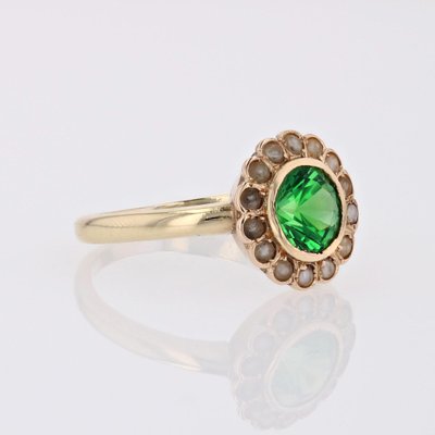 French 18 Karat Yellow Gold Ring with Tsavorite Green Garnet and Fine Pearl-OLU-1731251