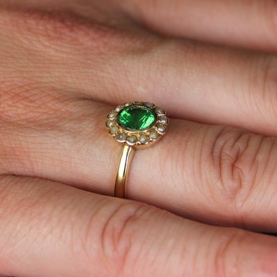 French 18 Karat Yellow Gold Ring with Tsavorite Green Garnet and Fine Pearl-OLU-1731251