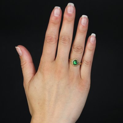 French 18 Karat Yellow Gold Ring with Tsavorite Green Garnet and Fine Pearl-OLU-1731251