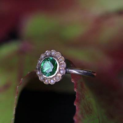 French 18 Karat Yellow Gold Ring with Tsavorite Green Garnet and Fine Pearl-OLU-1731251