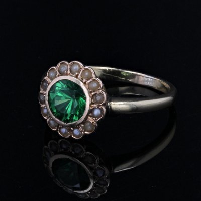 French 18 Karat Yellow Gold Ring with Tsavorite Green Garnet and Fine Pearl-OLU-1731251