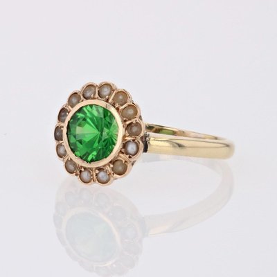 French 18 Karat Yellow Gold Ring with Tsavorite Green Garnet and Fine Pearl-OLU-1731251