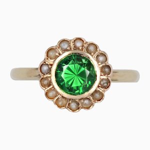 French 18 Karat Yellow Gold Ring with Tsavorite Green Garnet and Fine Pearl-OLU-1731251