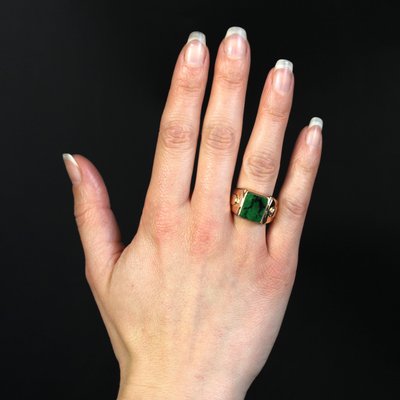 French 18 Karat Yellow Gold Signet Ring with Maw Sit Sit Jade, 1930s-OLU-1784785