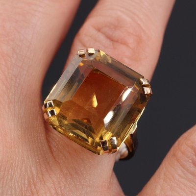 French 18K Citrine & 18K Yellow Gold Cocktail Ring, 1950s-OLU-975585