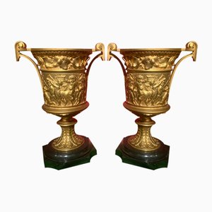 French 18th Century Louis XVI Ormolu Vases with Handles and Relief Putto on Black Belgian Marble Bases, Set of 2-AXE-1720640