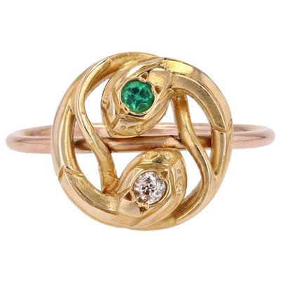 French 19th Century 18 Karat Yellow and Rose Gold Snake Ring with Emerald and Diamond-OLU-1786047