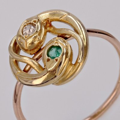 French 19th Century 18 Karat Yellow and Rose Gold Snake Ring with Emerald and Diamond-OLU-1786047