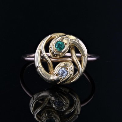 French 19th Century 18 Karat Yellow and Rose Gold Snake Ring with Emerald and Diamond-OLU-1786047