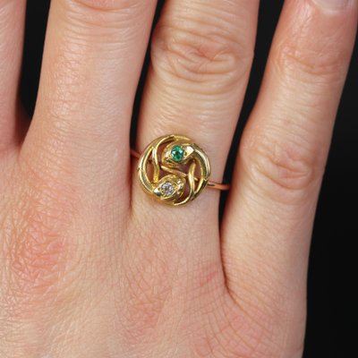 French 19th Century 18 Karat Yellow and Rose Gold Snake Ring with Emerald and Diamond-OLU-1786047