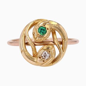 French 19th Century 18 Karat Yellow and Rose Gold Snake Ring with Emerald and Diamond-OLU-1786047