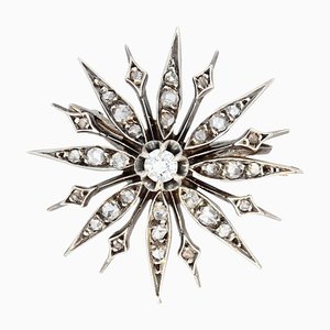 French 19th Century Diamonds and 18 Karat Yellow Gold Silver Snowflake Brooch-OLU-896717