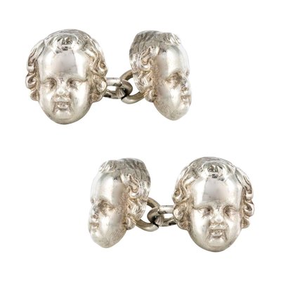 French 19th Century Sterling Silver Cherub Cufflinks, Set of 2-OLU-896506