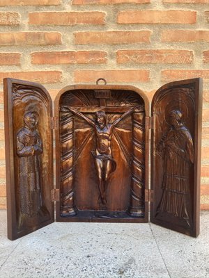 French Antique Hand Carved Walnut Wood Religious Triptych or Carved Wall Sculpture Panel, 1890s-NOU-775577