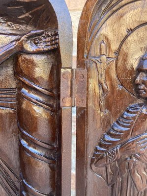 French Antique Hand Carved Walnut Wood Religious Triptych or Carved Wall Sculpture Panel, 1890s-NOU-775577