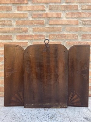 French Antique Hand Carved Walnut Wood Religious Triptych or Carved Wall Sculpture Panel, 1890s-NOU-775577