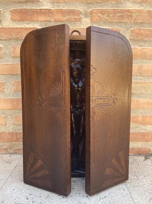 French Antique Hand Carved Walnut Wood Religious Triptych or Carved Wall Sculpture Panel, 1890s-NOU-775577