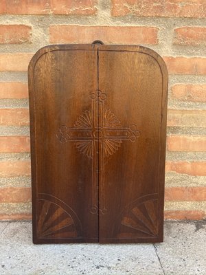 French Antique Hand Carved Walnut Wood Religious Triptych or Carved Wall Sculpture Panel, 1890s-NOU-775577