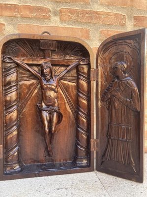 French Antique Hand Carved Walnut Wood Religious Triptych or Carved Wall Sculpture Panel, 1890s-NOU-775577