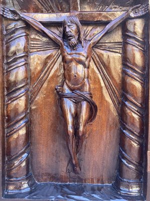 French Antique Hand Carved Walnut Wood Religious Triptych or Carved Wall Sculpture Panel, 1890s-NOU-775577