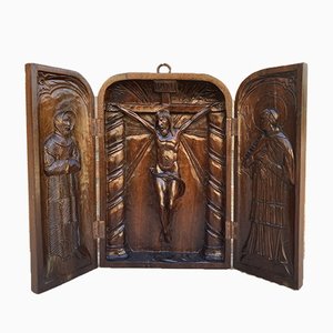 French Antique Hand Carved Walnut Wood Religious Triptych or Carved Wall Sculpture Panel, 1890s-NOU-775577